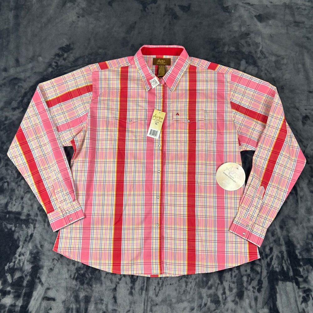 NWT Aura Wrangler Western Shirt Womens XL Pink Red Plaid Pearl Snap Long Sleeve